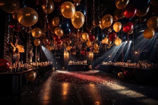 a party with balloons, candles and contros on the dance floor in front of a stage set up for a performance