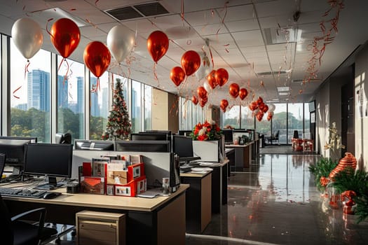 an office decorated for valentine's day with red and white balloons hanging from the ceiling over the desks