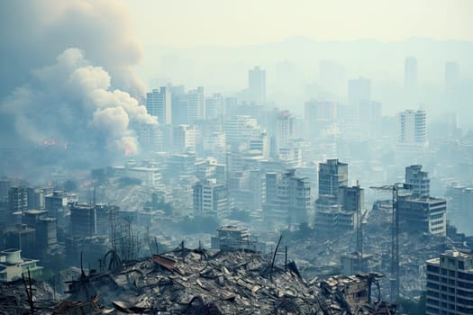 a city with buildings and smoke coming from the chimneys in the distance is an overcasted mountain range behind