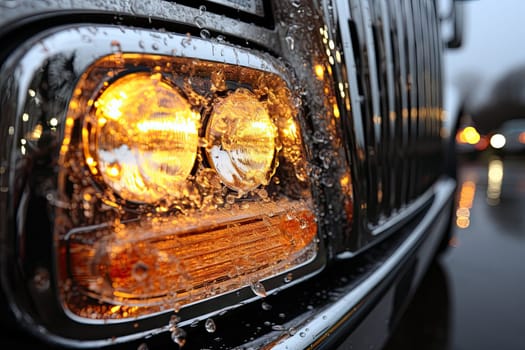 a car's headlight with water droplets on the front and side view mirror, taken from behind it