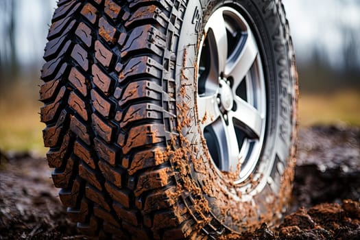 an off - road tire sitting in the mud and mulchs on top of a pile of dead leaves