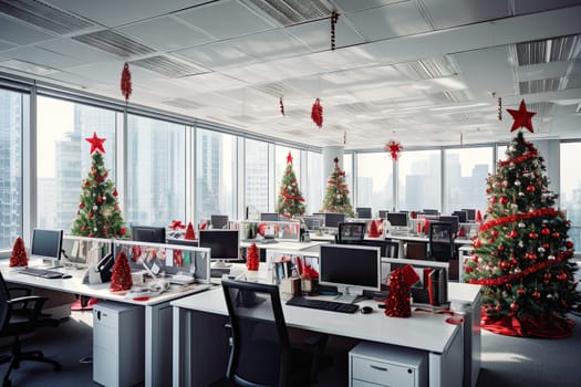 an office decorated with christmas trees and red bows on the desks, in front of large windows looking out to city skyline