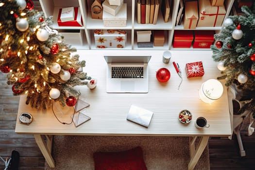 a desk with christmas decorations on it and a laptop in the middle, surrounded by other office supplies such as gifts
