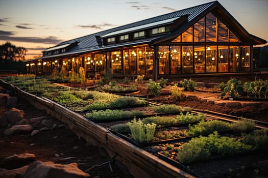 some plants in front of a building at night with the sun setting on the roof and windows lit by street lights