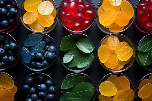 CBG Gummies. some fruit in cups with leaves on the top and blueberries, oranges, lemons, and cheres