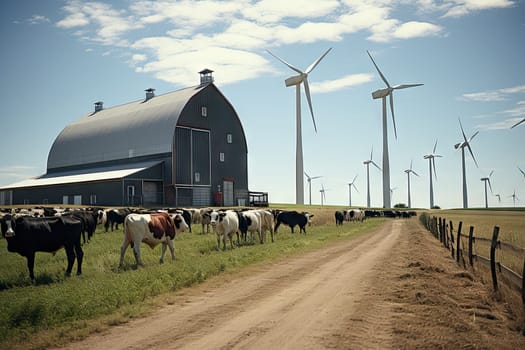 some cows and windmills on a farm road in front of a barn with a large wind turbine behind it