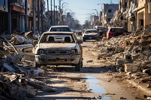 a car that is sitting in the middle of a street with debris all over it and buildings on both sides