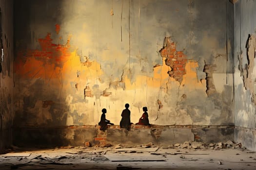 two people sitting on a bench in an old room with peeling paint and torn paper all over the wall behind them