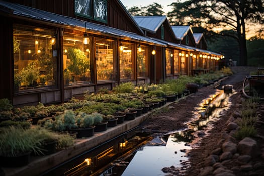 the outside of a building with plants in pots and lights hanging on the side of the building at night time