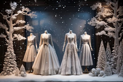 dresses on display in front of a store window with snow falling off the manne and trees behind stock photo