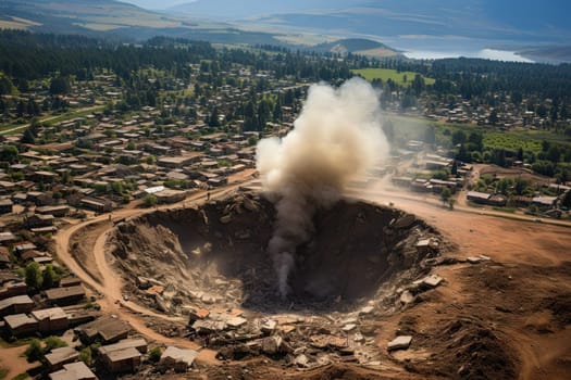 an open pit in the middle of a small town with lots of buildings and trees on both sides there is smoke coming from it