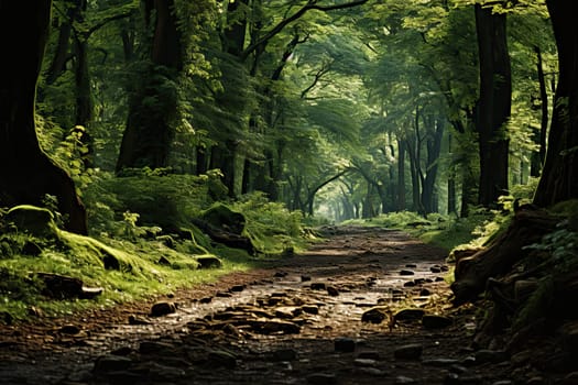 a dirt road in the middle of a forest with green trees and rocks on both sides, as if there is no one