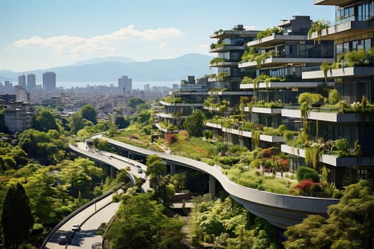 a city with lots of trees and plants on the side of it, including mountains in the distance to the right