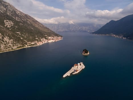 Drone view of the islands of Gospa od Skrpjela and St. George in the Bay of Kotor. Montenegro. High quality photo