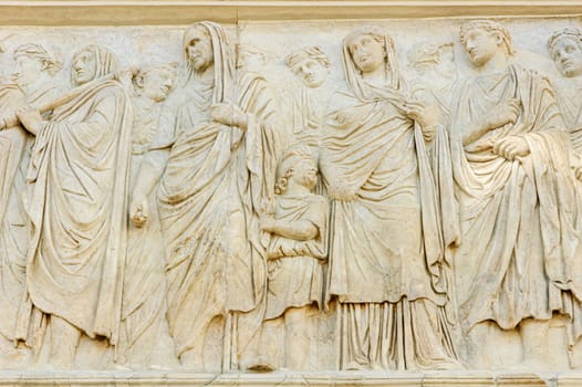 Rome, Italy, August 19, 2008: Ara Pacis. Altar of peace. In the frieze you can see Livia, wife of Octavio Augusto.
