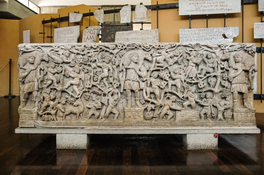 Vatican City, August 21, 2008: Sarcophagus with bucolic scenes and three shepherds. Pio Christian Museum. Saint Peter Basilica