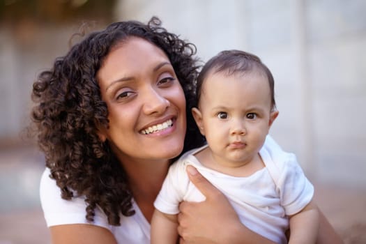 Mother, cute baby or portrait smile for love connection, together or outdoor. Woman, infant child support or hug with happy face for bonding parent development or curious kid, care or relax safety.
