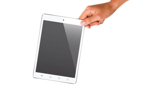isolated hand holding tablet, to replace screen with images.