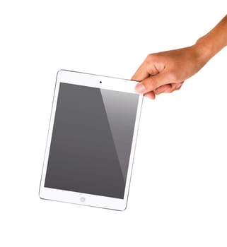 isolated hand holding tablet, to replace screen with images.