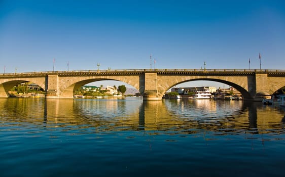 London Bridge in Lake Havasu, old historic bridge rebuilt with original stones in America