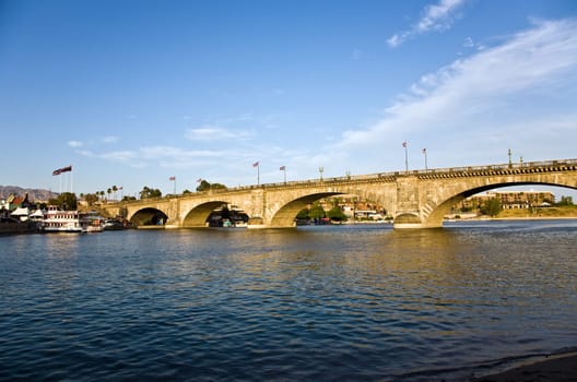 London Bridge in Lake Havasu, old historic bridge rebuilt with original stones in America