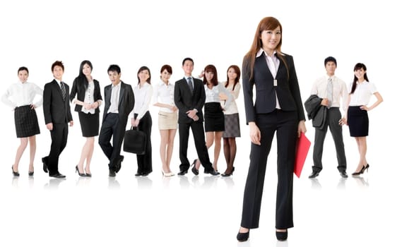 Confident business woman with her team on white background.