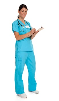 Full length photo of attractive young nurse wearing blue scrubs on white background.