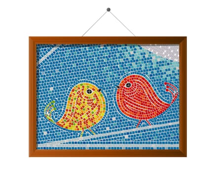 Mosaic tiles framed tweet birds background.