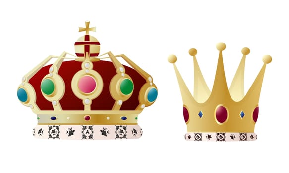 King and queen crown set against white background