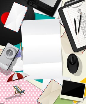 Abstract scrapbook design,  message background with various objects and letter.