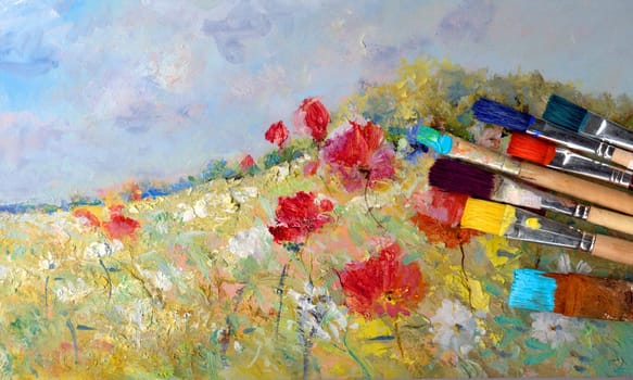 Brush Painting Hobby Leisure - Brush with Oil Paint on Painted Landscape
