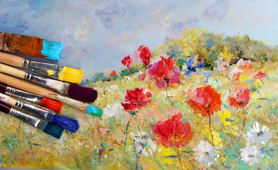 Brush Painting Hobby Leisure - Brush with Oil Paint on Painted Landscape