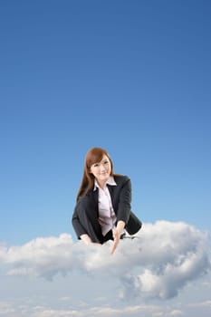 Business woman sit on cloud and shake hand with you over blue sky.