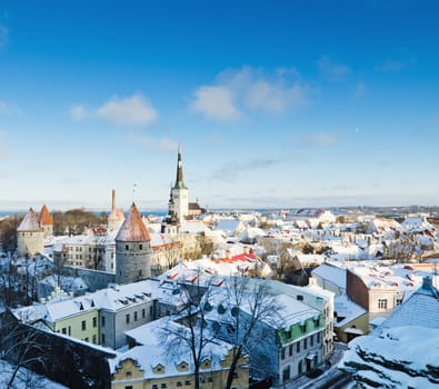 A view over the rooftops of old Tallinn frosty morning