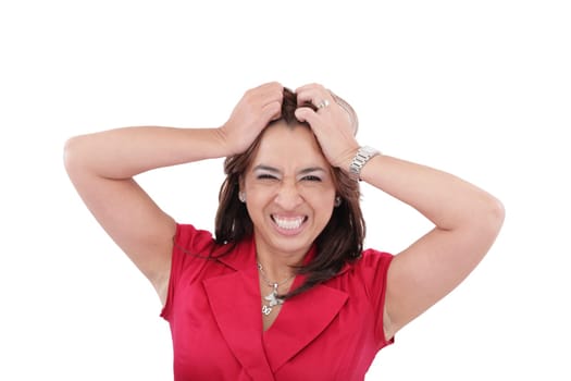 Woman looking shocked and angry against white background