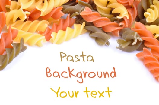 Three colored pasta over white, background
