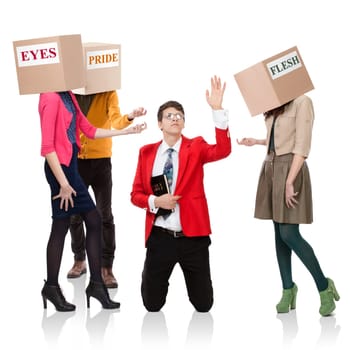 Three people with boxes in the head that call a young man with a Bible. Concept of the call of temptations.