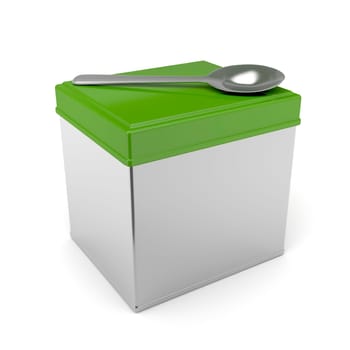 Metal box and spoon on white background