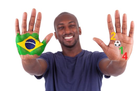 Brazilian man hands with a painted heart and brazilian flag, i love brazil concept, isolated on white background concept, isolated on white background