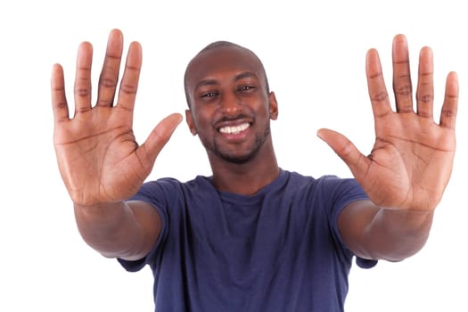 Young African American man his hands palm, isolated on white background