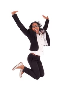 Young african american business woman jumping, success concept, isolated on white background