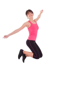 Weight loss fitness woman jumping of joy,isolated on white background