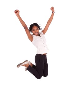 Young african american business woman jumping, success concept, isolated on white background