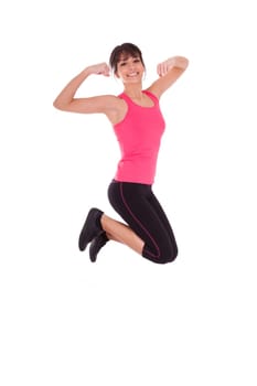 Weight loss fitness woman jumping of joy,isolated on white background