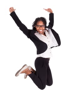 Young african american business woman jumping, success concept, isolated on white background
