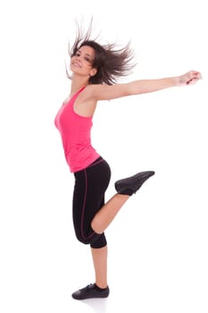 Young beautiful caucasian  fitness woman dancing,isolated on white background