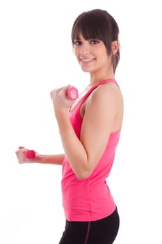Portrait of a fitness woman working out with free weights,isolated on white background