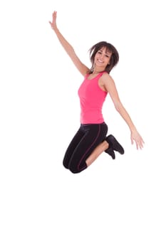 Weight loss fitness woman jumping of joy,isolated on white background