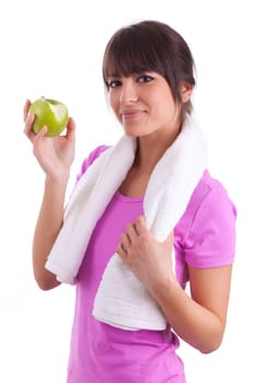 Young caucasian woman eating  an apple over white background