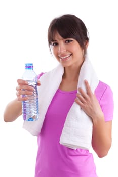 Young caucasian woman holding a bottle of water  over white background